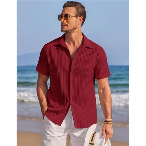 Mens Shirts Short Sleeve Button Down Red